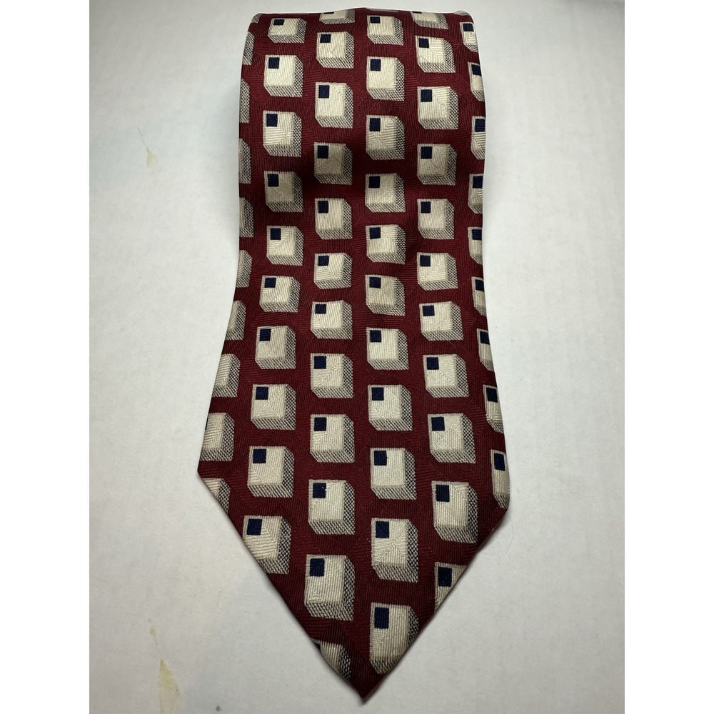 VTG Nordstrom XMI Tie Silk Red Geometric Jacquard Handmade USA Corp Core EUC